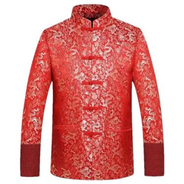 Imagem de Eesuei Jaqueta de seda vermelha masculina outono dragão Cheongsam roupas tradicionais chinesas tang terno jaqueta de casamento, Vermelho, G