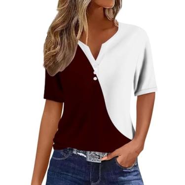 Imagem de Camisetas femininas 2024 verão Henley gola V cor sólida patchwork botão camisetas soltas confortáveis blusas modernas roupas, bege, GG