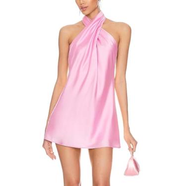 Imagem de BELONGSCI Vestido feminino de cetim de verão 2024 cruzado sem mangas frente única decote coquetel vestido mini, L3: rosa, G