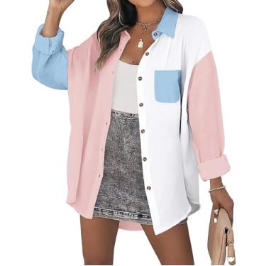 Imagem de Zeagoo Camisa feminina de linho de manga comprida com bloco de cores, blusas de algodão superdimensionadas com bolso no busto, C, rosa, M