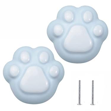 Imagem de Puxador de armário, puxador de gaveta, puxadores de cerâmica, puxador de armário, puxador de gaveta, puxadores infantis coloridos de cerâmica 2 peças (pata de gato, azul)