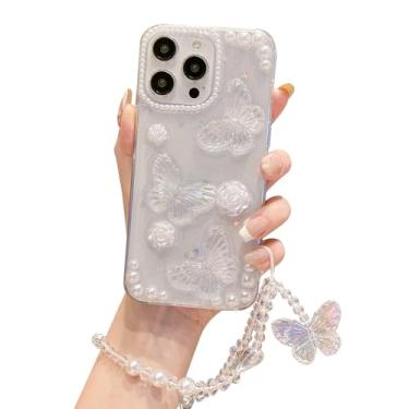 Imagem de iFiLOVE Para iPhone 15 Pro Bling Glitter Butterfly Case com pingente de alça, mulheres meninas crianças linda rosa flor pérola pulseira corrente macia transparente capa protetora para iPhone 15 Pro