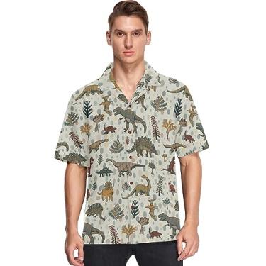 Imagem de visesunny Camisa masculina casual de botão manga curta havaiana vintage dinossauro planta Aloha camisa, Multicolorido, M