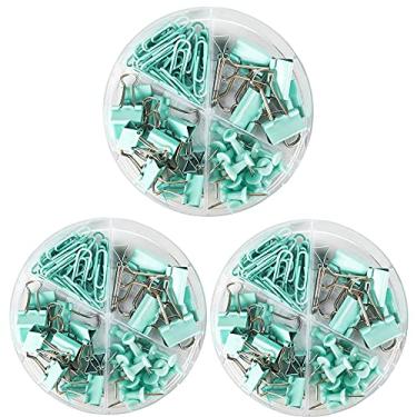 Imagem de Conjunto de clipes de papel e fichário, fichários de metal de tamanhos variados com alfinetes, material de escritório fofo para mesa, acessórios de mesa (conjunto verde com 3)