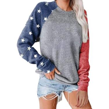 Imagem de Camiseta feminina com estampa de estrela da bandeira americana Memorial Day, camiseta de manga comprida, gola redonda 4 de julho, Cinza, 4G