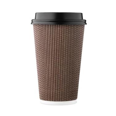 Imagem de [Conjunto de 85] Xícaras de café de 473 ml, xícaras de café onduladas isoladas descartáveis, copos de parede dupla com tampas, geométrico marrom, copos de papel para bebidas de chocolate quente e chá