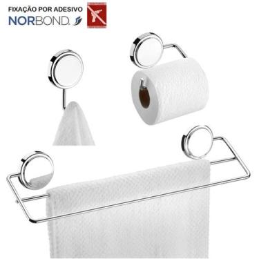 Imagem de Kit Toalheiro Duplo Suporte Papel Higiênico Gancho Porta Toalha Adesiv