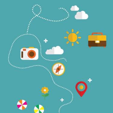 Imagem de Papel de Parede Adesivo Infantil Viagens Turistas Sol E Mala Bussola -