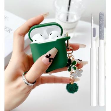 Imagem de Linda capa verde para AirPods 2ª/1ª geração, capa para meninas e mulheres, com chaveiro de flor pompom e kit de limpeza, silicone macio, Airpods iPod 2ª/1ª geração, capa protetora para AirPods 2/1