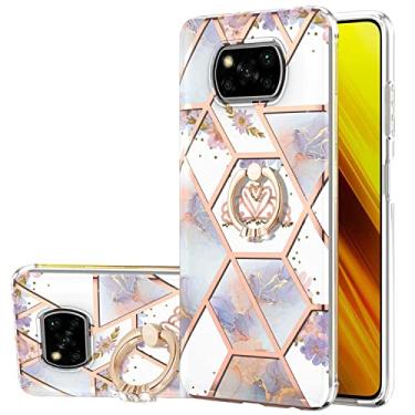 Imagem de Monwutong Capa de telefone para Xiaomi Poco X3 NFC, TPU macio + IMD capa com padrão de flor de mármore para meninas com anel de metal giratório capa com suporte para Xiaomi Poco X3 NFC, coroa IMD