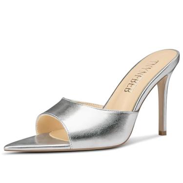 Imagem de TNYNFBEB Sandália feminina stiletto salto alto bico aberto bico fino sapato mules slingback vestido de festa de formatura verão 3,9 polegadas salto, Prata, 39