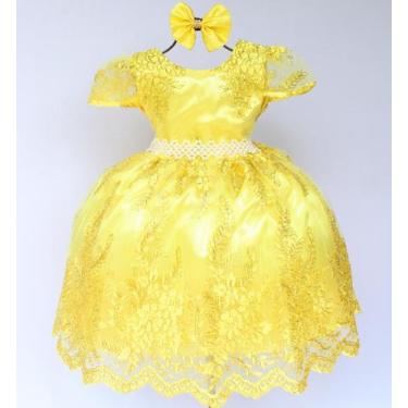 Imagem de Vestido Infantil Daminha Amarelo Renda Bela Luxo E Tiara - festa luxo,
