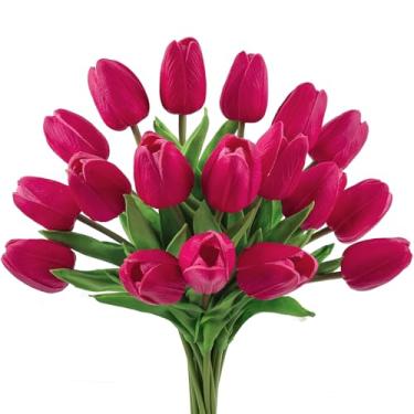 Imagem de Beferr 18 peças de tulipas artificiais tulipas artificiais toque real buquês de flores falsas arranjos para Páscoa primavera flores decoração de mesa casa rosa vermelha