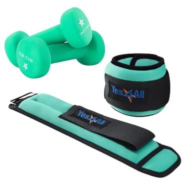 Imagem de Yes4All Conjuntos de pesos de treino: pesos de tornozelo (par de 1,1 kg) com alça ajustável e pesos de mão de halteres revestidos de neoprene (par de 2,2 kg) - para mulheres e homens em corrida, aeróbica, rotina de cardio - verde