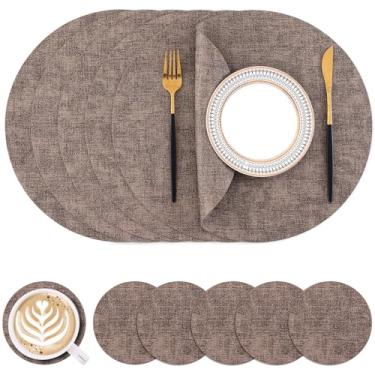 Imagem de Homaxy Jogo americano e porta-copos redondos de couro sintético, tapetes de mesa laváveis de dois lados, tapetes de jantar resistentes ao calor limpáveis para ambientes externos e internos, conjunto
