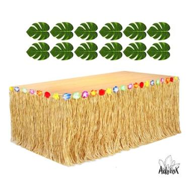 Imagem de Adorox 12 peças de folhas verdes tropicais incluídas, 1 pacote de saia de mesa havaiana luau hibisco marrom (2,7 m)