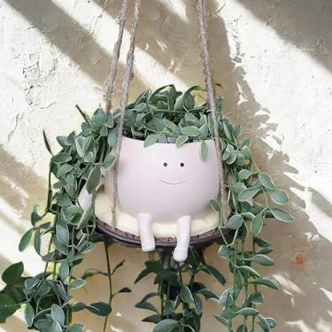 Imagem de NAISQAQ Vaso de plantas de rosto sorridente para pendurar para ambientes internos e externos, lindos vasos de suculentas balançando para colar de pérolas, presente para o dia das mães, aniversário,