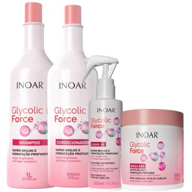Imagem de Kit Inoar Glycolic Force Shampoo 1L + Condicionador 800ml + Máscara 500g + Leave-in 200ml