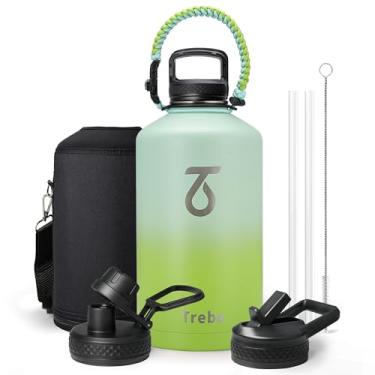 Imagem de Garrafa térmica de água Trebo, grande, esportiva, alça de paracord, aço inoxidável de grau alimentar, parede dupla a vácuo, tampa de bico/canudo/alça, não vaza, mantém frio/quente, 3,8 L, verde-escura