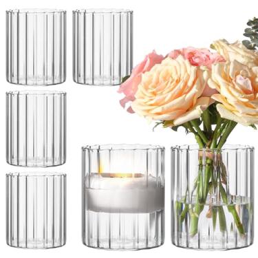 Imagem de ComSaf 6 mini vasos cilíndricos de vidro de 9 cm de altura, vaso pequeno para flores, vasos curtos com nervuras para centros de mesa, castiçais de vidro de furacão transparente para decoração de casa