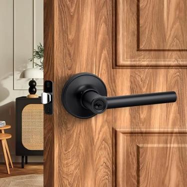 Imagem de LOQRON Maçaneta de porta de estilo redondo com fechadura e chave, maçaneta reversível de entrada com chave para escritório ou porta da frente, acabamento preto fosco