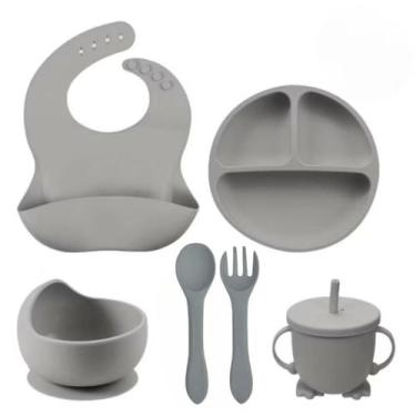 Imagem de Kit 6 Louças Refeição Bebê Silicone Colher Pratinho Babador Infantil V
