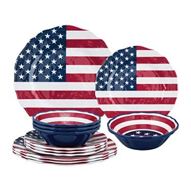 Imagem de Supreme Housewares Conjunto de louça de melamina com 12 peças, inclui pratos de jantar, pratos de salada, tigelas, serviço para 4 pessoas (bandeira americana)