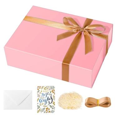 Imagem de souloduce Linda e resistente caixa de presente rosa grande medindo 30 x 21 x 8,2 cm para presentes de aniversário - caixa inclui cartões, envelopes, fita e enchimento de papel desfiado (conjunto de 1)