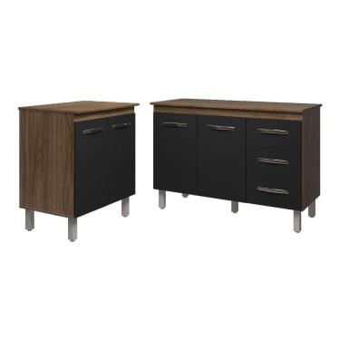 Imagem de Balcão Para Microondas Ou Forno E Armário Bruna 118 Cm Cozinha Gabinete Preto Com Tampo Tampão