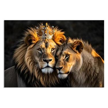 Imagem de SDYJ6GSW Leão e Leoa com coroa dourada quadro romântico casal arte pintura para quarto decoração de casa moderna pronto para pendurar 75 x 50 cm (30 x 20 pol) pôster