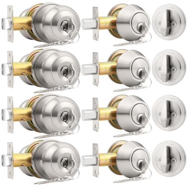 Imagem de Probrico Conjunto de maçaneta de porta de entrada e fechadura de fechadura de cilindro único, chave semelhante, níquel acetinado, conjunto de 4