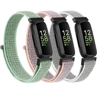 Imagem de Pacote com 3 pulseiras de nylon compatíveis com Fitbit Inspire 3, mulheres e homens, pulseiras de substituição para smartwatch Fitbit Inspire 3 (areia rosa/concha/verde)