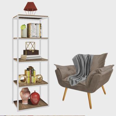 Imagem de Kit Poltrona Fatte com Manta Soft Cinza e Estante Livreiro Ferro Branco mdf Rústico Sue...
