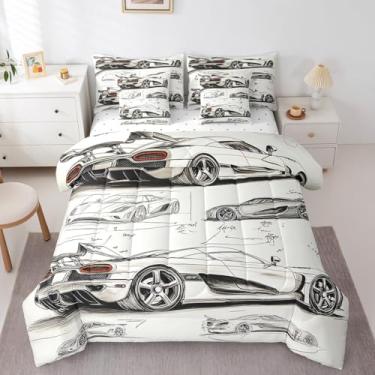Imagem de Feelyou Jogo de cama solteiro de carro de corrida com lençol de solteiro, manuscrito de carro esportivo de velocidade, 7 peças, para meninos, meninas, adolescentes, conjunto de cama em uma bolsa,