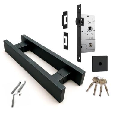 Imagem de Puxador Porta Madeira Entrada Barra Chata Duplo Preto Fosco 40cm Alumínio + Fechadura Stam Rolete Tetra Pivotante Inox