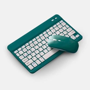 Imagem de Kit Mini Teclado + Mouse Sem Fio Bluetooth, Recarregável USB, Teclado Padrão Brasileiro, Slim, Ergonômico, Portátil, Compatível com Tablet, Celular, Smartphone, Notebook, iPhone, iPad. (Verde Escuro)