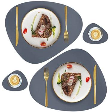 Imagem de Jogo de jogos americanos e porta-copos de couro sintético, couro redondo para mesa de jantar, resistente ao calor, antiderrapante, lavável, isolamento, tapetes de café, tapetes de cozinha estilo nórdico (azul-marinho, 2 jogos americanos + 2 porta-copos