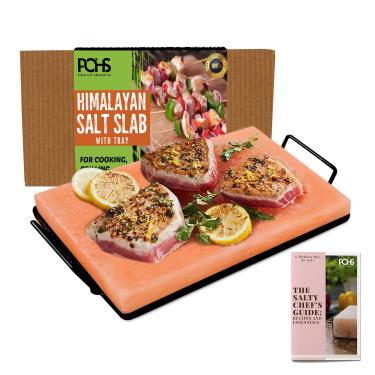 Imagem de Prato de cozinha de bloco de sal do Himalaia 30 x 20 x 3,5 cm para cozinhar, grelhar, cortar e servir, com bandeja de metal e livreto de receitas, presentes exclusivos para homens, mulheres, chefs e