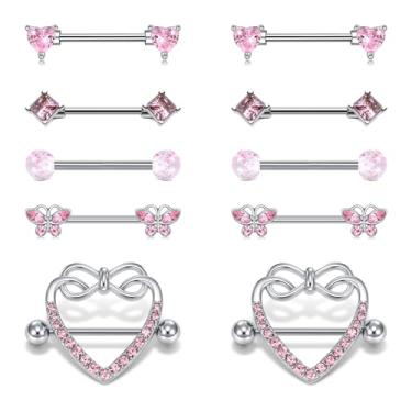 Imagem de AceFun 6 pares de anéis de mamilo de aço inoxidável 14G coração borboleta arco opala flor CZ conjunto de halteres bonitos escudos de mamilos piercing joias para mulheres joias corporais em tom rosa