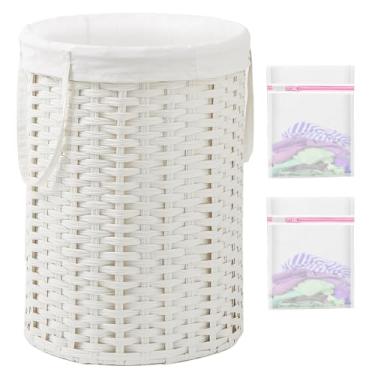 Imagem de SETVSON Cesto de lavanderia redondo de vime de vime de 110 L, cesta de vime grande tecida à mão com alças, cesto de vime com sacos removíveis e 2 sacos de malha para banheiro, sala de estar, branco
