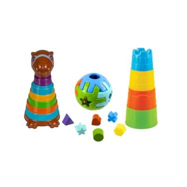 Imagem de Kendy Brinquedo Mega Educativo KAPI com 1 Torre Educativa com 4 peças 1 Bola Educativa Tamanho P com 6 formas geométricas e 1 Capivara com 6 anéis coloridos