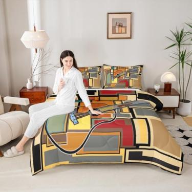 Imagem de Conjunto de edredom de guitarra abstrata, tamanho Queen, vintage hippie, 3 peças, para decoração de quarto de crianças, adolescentes, meninas, meninos, xadrez, geométrico, vintage, acolchoado, para