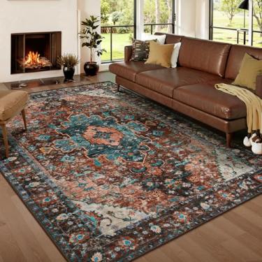 Imagem de Tapete 12 x 18 cm para sala de estar, tapete lavável, tapete vintage antiderrapante, tapete de área de pelo baixo, tapete boho macio para sala de jantar, casa (tijolo/azul-petróleo)