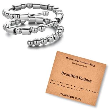 Imagem de LNIEER Anéis de código Morse para mulheres e homens, presentes inspiradores engraçados, de aço inoxidável, anel fidget para ansiedade, ansiedade, com contas, anel giratório, anel fidget para mensagens, presentes de amizade, joias Aço inoxidável, Sem pedra preciosa