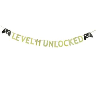 Imagem de KUNGOON Banner de aniversário de jogos desbloqueado nível 11, papel dourado com glitter com design de controle de jogo, decorações de festa para aniversário de 11 anos.