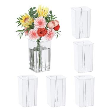 Imagem de EudokkyNA Vaso de flores quadrado de plástico, vasos de flores transparentes de 17 cm de altura para centros de mesa, pacote com 6