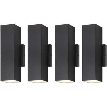 Imagem de BesLowe Pacote com 4 lâmpadas de parede externas, luzes LED para cima e para baixo, arandelas de parede modernas, luminária externa preta, montagem de parede, luzes externas para garagem de casa