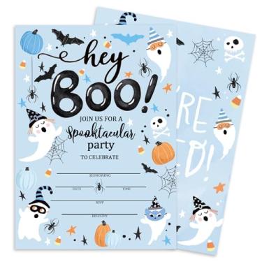 Imagem de Whaline 25 peças de Convites de Halloween Boo Ghost Convites de Convites de Papel Azul Convites com Envelopes e Adesivos Autoadesivos para Chá de Bebê Feriado Festa de Aniversário, 5 x 7 polegadas