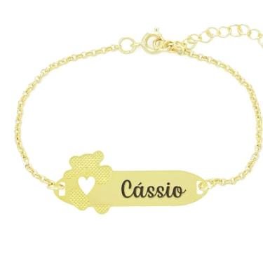 Imagem de Pulseira Personalizada Ursinho Coração Nome Cássio Banhado Ouro 18K - 999017169