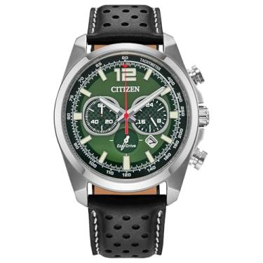 Imagem de Citizen Relógio masculino casual esportivo Eco-Drive, pulseira de couro preto, mostrador verde, cronógrafo, data (modelo: CA4640-09X)